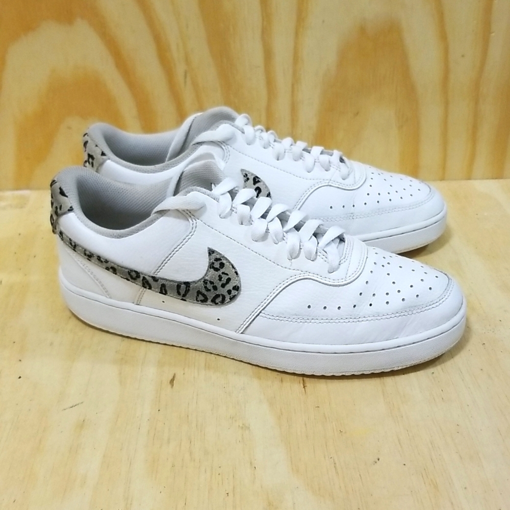 Nike Womens Court Vision Low White Leopard Running Shoes Size 11